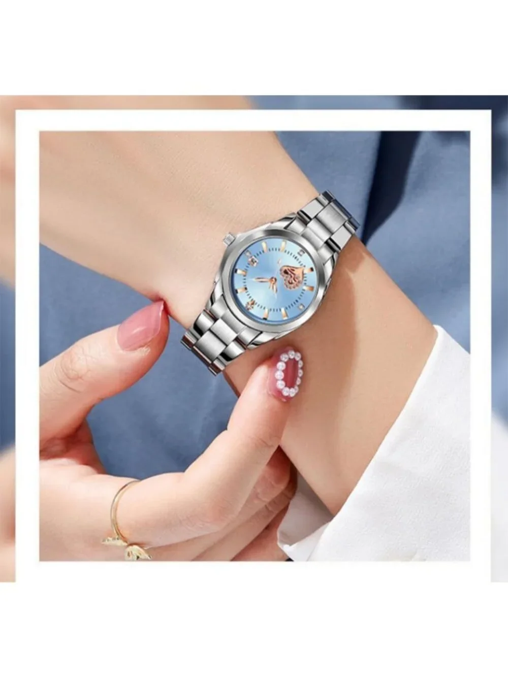 Women's Silver Blue Analog Quartz Stainless Steel Luminous Waterproof Watch